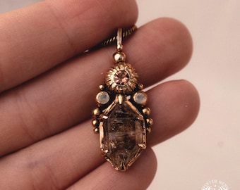 DESERT RITES • Handcrafted Brass Pendant • Herkimer Diamond, Moonstone & Tourmaline
