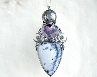 PASITHEA • Handmade Silver Pendant • Dendritic Agate, Amethyst, Moonstone, Sapphire