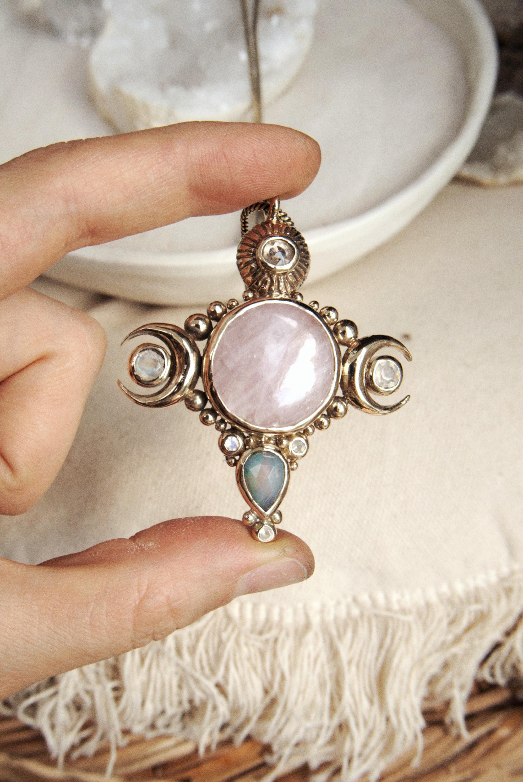SELENE • Handcrafted Triple Moon Goddess Brass Pendant with Pink Kunzite, Burma Spinel, Opal, Diamond and Moonstone • Boho Witch Jewelry