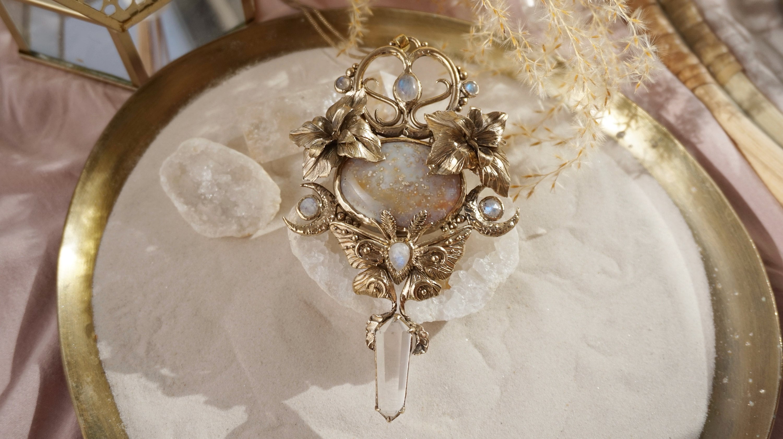 NEMETONA's SANCTUARY • Handcrafted Floral Brass Pendant • Ocean Jasper, Clear Quartz, Moonstones • Etheral Jewelry • Boho Goddess Talisman