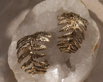 ENCHANTED FOREST • Fern Leaf Brass Earrings with Rainbow Moonstone • Handmade Organic Boho Jewelry