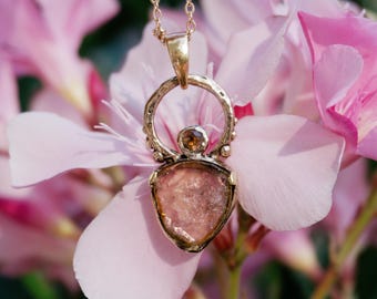 NAYA • Handmade Brass Pendant with Watermelon Tourmaline • Organic Minimalist Jewelry • Tribal Boho Jewelry