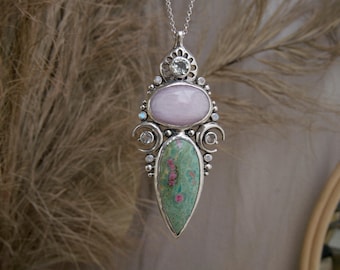 HECATE • Triple Moon Goddess Pendant • Kunzite, Ruby Fuchsite & Sterling Silver