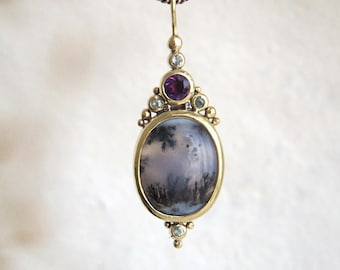 IONE • Handmade Dendritic Agate Brass Pendant • Amethyst & Sapphire, Snake Jewelry