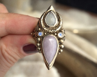 ATREMIS •  Handmade Brass Ring • Kunzite, Ethiopian Opal & Moonstone • Boho Jewelry