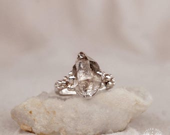 Handmade Organic Sterling Silver Ring with Herkimer Diamond • Tribal Boho Witch Ring • Raw, Rustic Jewelry