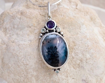 IONE • Handmade Silver Dendritic Agate Pendant • Amethyst & Sapphire Accent