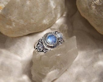 ELARIA • Enchanted Forest Handmade Sterling Silver Ring with Rose Cut Moonstone • Organic Rustic Raw Leaf Boho Witch Goddess Jewelry
