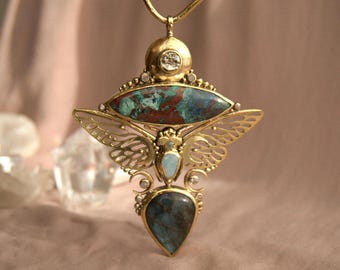 SKYBOUND METAMORPHOSIS • Handmade Brass Pendant • Shattuckite, Labradorite, Opal, Cicada Jewelry
