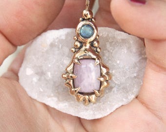 ASTERIA • Handcrafted Brass Pendant • Pink Kunzite & Moonstone, Boho Jewelry