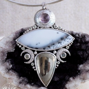 IRIS • Handmade Greek Goddess Silver Pendant with Dendritic Agate, Pyrite, Moonstone, Super Seven • Statement Snake Moth Eye Jewelry