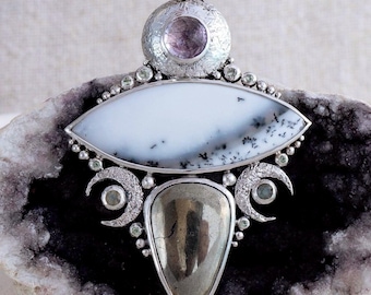 IRIS • Handmade Greek Goddess Silver Pendant • Dendritic Agate, Pyrite, Moonstone