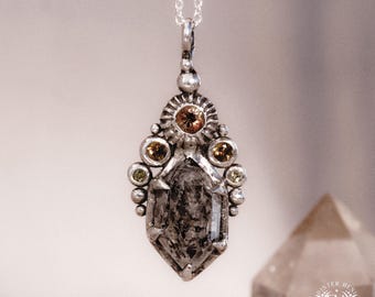 DESERT RITES • Handcrafted Sterling Silver Pendant with Tourmaline, Herkimer Diamond • Raw, Jewelry • Ancient Futuristic Artifact Jewelry