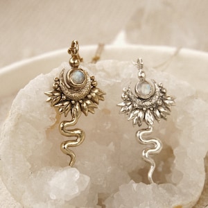KUNDALINI • Made To Order • Brass or Silver Moon Serpent Pendant with Moonstone • Floral Snake Necklace • Ancient Boho Goddess Charm