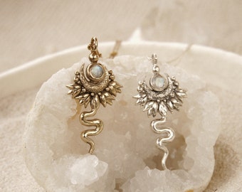 KUNDALINI • Made To Order • Brass or Silver Moon Serpent Pendant with Moonstone • Floral Snake Necklace • Ancient Boho Goddess Charm