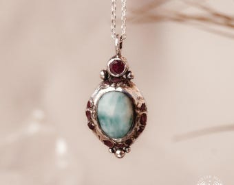 TEMPLE OF TIDE • Handmade Sterling Silver Larimar & Ruby Pendant • Raw, Organic Jewelry