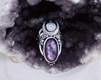 MOONSCARAB • Handmade Moon Goddess Scarab Beetle Inspired Silver Ring with Lepidolite, Moonstone and Green Sapphire  • Organic Jewelry