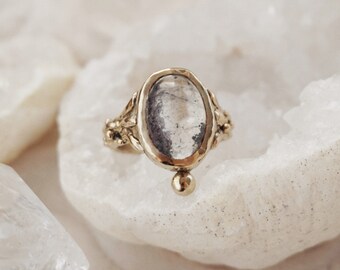 NISHABA • Handmade Organic Brass Ring with Lodolite Garden Landscape Quartz • Tribal Boho Ring • Raw, Abstract Jewelry