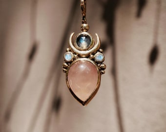 ARTEMIS • Handmade Brass Pendant • Rose Quartz and Rainbow Moonstone • Double-sided Pendant • Serpent Jewelry