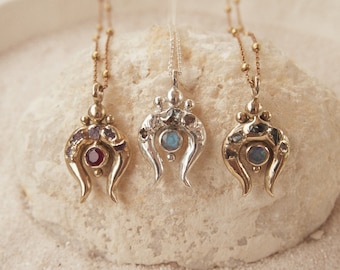 Brass Rustic Moon Horn Pendant with Raw Sapphire, Ruby, Moonstone • Rustic Raw Necklace • Ancient Boho Goddess Charm
