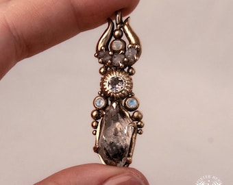 DESERT RITES • Handcrafted Brass Pendant • Tourmaline, Herkimer Diamond & Moonstone