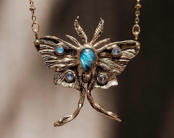 LUNA MOTH • Handmade Brass Pendant • Rainbow Moonstone Butterfly Necklace • Moth Jewelry