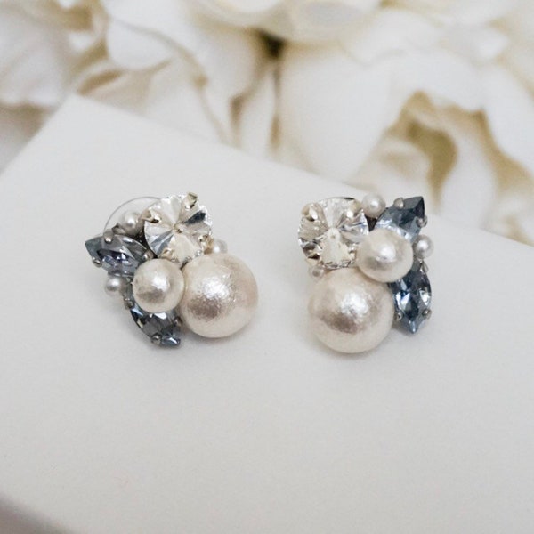 aquamarine bridesmaid earrings, light blue wedding earrings, aquamarine pearl earrings, aquamarine cluster earrings, pearl cluster earrings