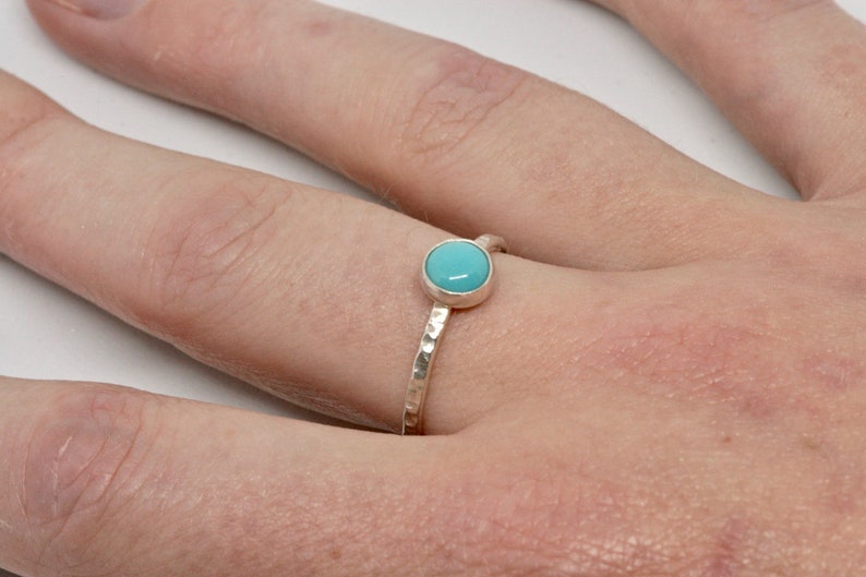 Round turquoise ring 6mm diameter turquoise. Textured skinny stacking ring Petite Turquoise silver ring