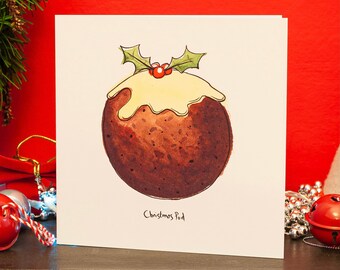 Christmas Pudding Christmas Card - Nourriture festive - 148mm Square - Salutations de Noël - Christmas Cards France