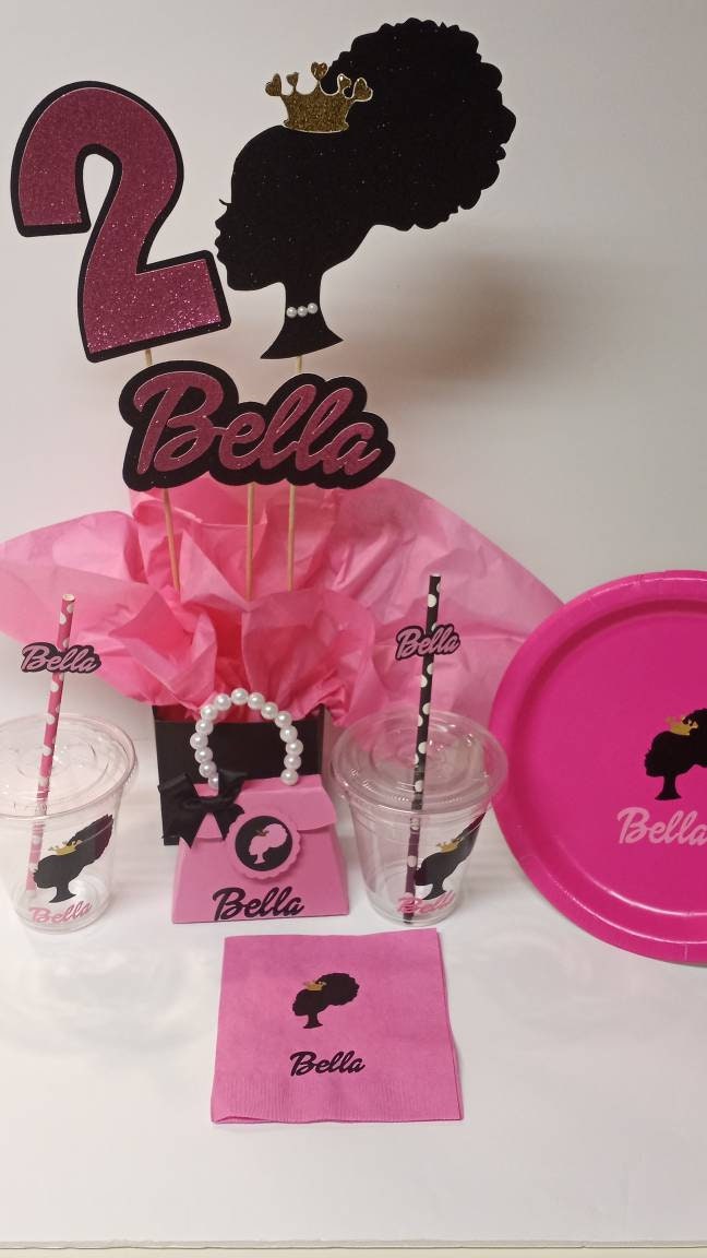Afro barbie centerpiece table setting pink birthday barbie | Etsy