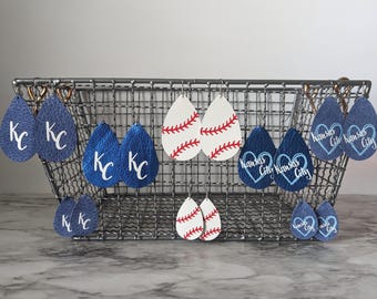 KC Baseball Teardrop Earrings: Genuine Leather Kansas City Gift