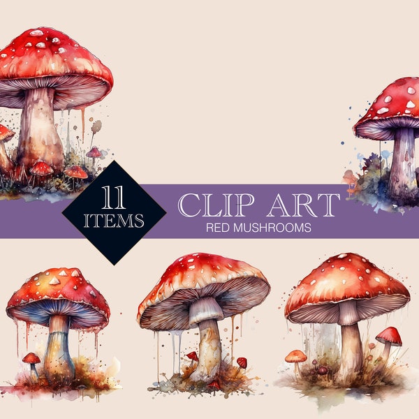 Add a Pop of Whimsy to Your Project with 11 Red Mushroom Clip Art Designs - Perfect for Nature, Fairy Tale, and Fantasy-Themed Creations!