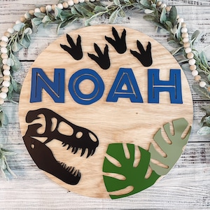 12”-30” Jurassic dinosaur sign, NO LETTER LIMIT, round sign, personalized, wood decor, kids room, dinosaur nursery, boy name sign, boys room