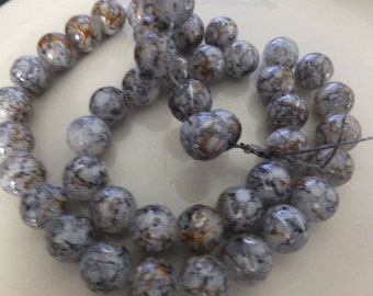10mm Black Mottled Drizzled Glass Beads 15" Strand