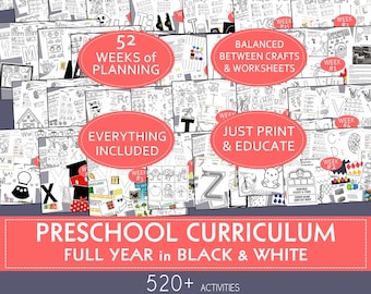Full Year Preschool Curriculum: 520+ Black and White Activities (Digital Download)