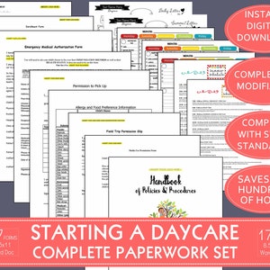 STARTING A DAYCARE complete paperwork forms bundled set including:  enrollment forms, parent handbook, menus, schedules, daily reports