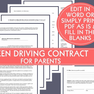 May include: A printable teen driving contract for parents. The contract is a 6-page document that includes a driving privileges agreement, rules for driving, and a summary of the agreement. The document is available in Word and PDF formats.