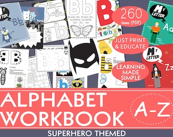 ALPHABET WORKBOOK Superhero style! 260 PDF's  of conceptual worksheets & crafts,  Aa-Zz, 10 pages per letter