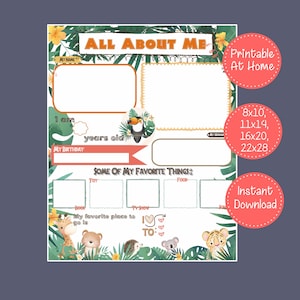 ALL ABOUT ME Safari Themed - Printable in 8x10, 11x14, 16x20, 22x28 Daycare/Preschool/Classroom/Student of the Month/birthday/chalkboard