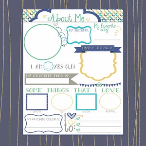 ALL ABOUT ME modern green blue poster - Printable in 8x10, 11x14, 16x20, 22x28- Daycare/Preschool/Classroom/Student of the Month/birthday