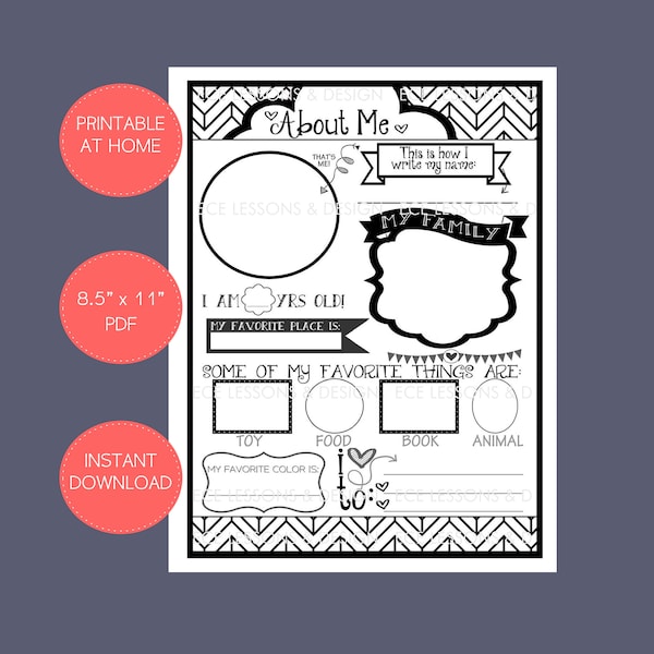 ALL ABOUT me b&w modern printable - Digital Instant Download -printable in 8.5"x11" Daycare/Preschool/Student of the Month/chalkboard