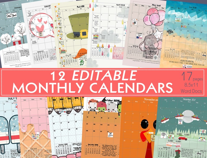 12 Editable MONTHLY THEMED CALENDARS / Yearly Planner / - Etsy