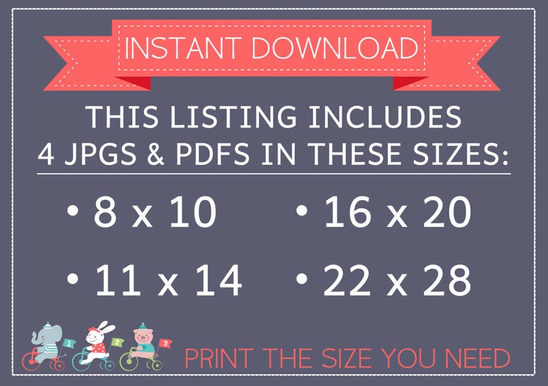 K&ouml;nnte beinhalten: Eine digitale Download-Liste f&uuml;r druckbare Bilder in vier verschiedenen Gr&ouml;&szlig;en: 20,3 x 25,4 cm, 27,9 x 35,6 cm, 40,6 x 50,8 cm und 55,9 x 71,1 cm. Die Liste enth&auml;lt sowohl JPG- als auch PDF-Dateien. Der Text "INSTANT DOWNLOAD" wird in einem roten Banner oben im Bild angezeigt. Der Text "THIS LISTING INCLUDES 4 JPGS & PDFS IN THESE SIZES" wird in wei&szlig;er Schrift auf grauem Hintergrund angezeigt. Der Text "PRINT THE SIZE YOU NEED" wird in wei&szlig;er Schrift auf grauem Hintergrund angezeigt.