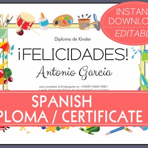 編集可能なスペイン語の卒業証明書/卒業証書：幼稚園/保育園/チャイルドケア/VBS/小学校/卒業/幼稚園