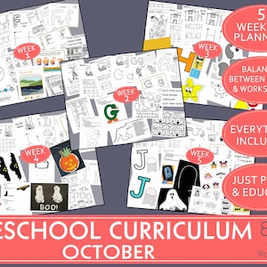 BALANCED PRESCHOOL CURRICULUM & activities, entire Oct month of conceptual worksheets, crafts, letters, numbers, colors, shapes, and themes