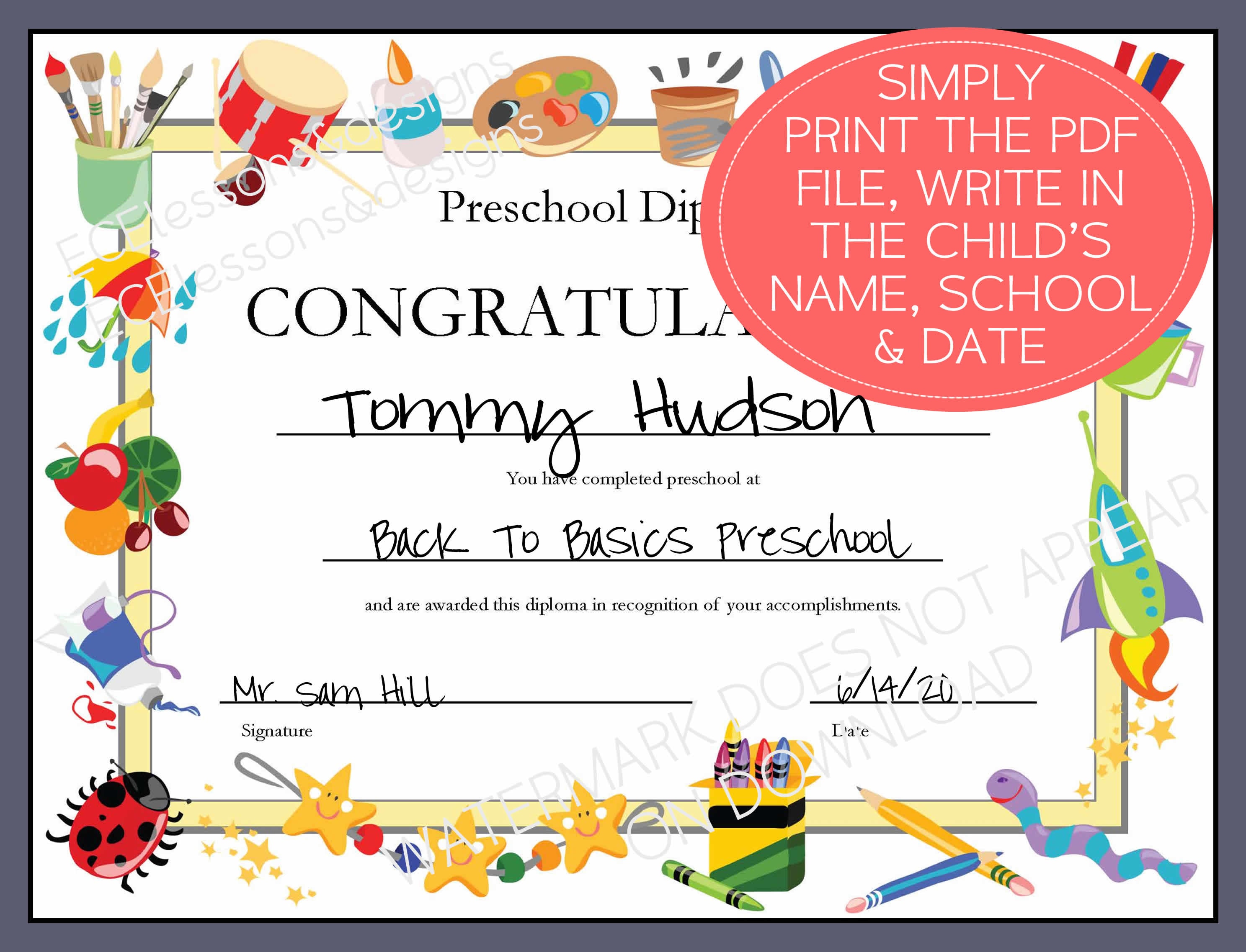 DIPLOMA/CERTIFICATE for Preschool or Daycare: Printable PDF - Etsy