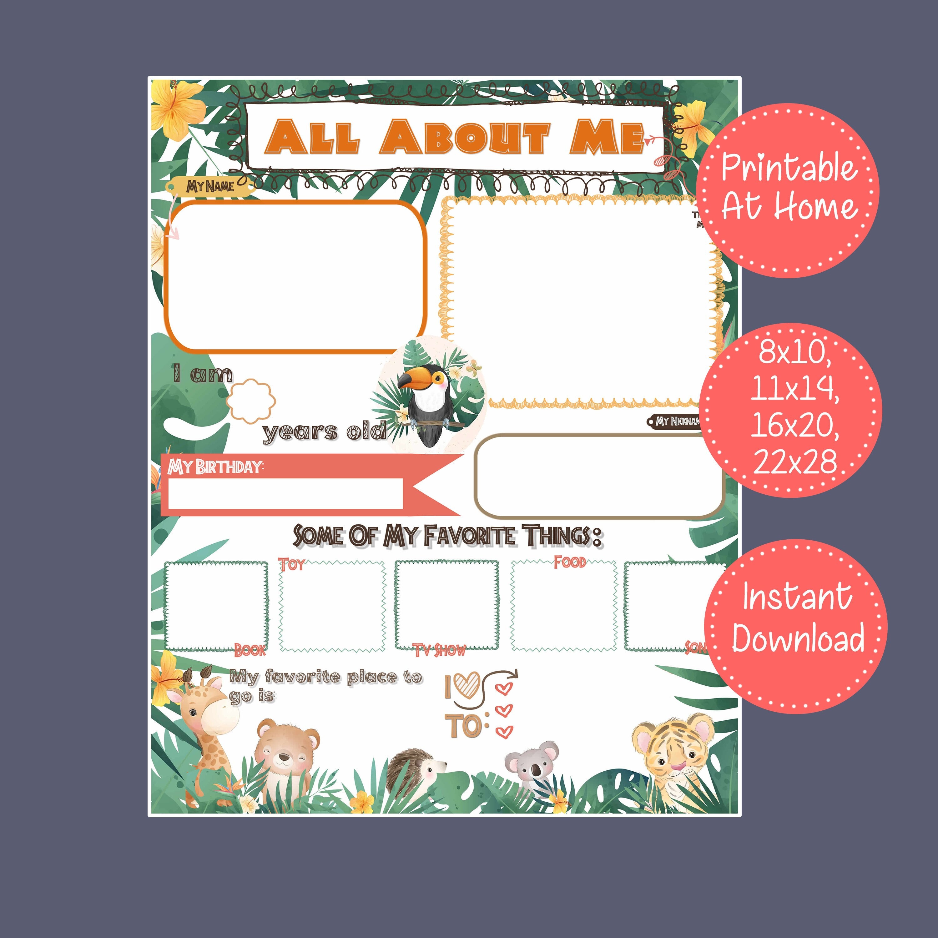 ALL ABOUT ME Safari Themed Printable in 8x10 11x14 16x20 - Etsy