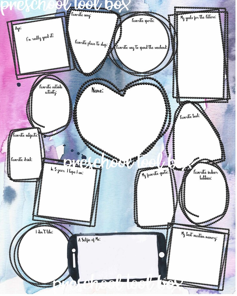 K&ouml;nnte beinhalten: Ein druckbares Vorschul-Werkzeugkasten-Arbeitsblatt mit einem Aquarellhintergrund in Rosa- und Blaut&ouml;nen. Das Arbeitsblatt hat verschiedene Abschnitte, in denen Kinder Informationen &uuml;ber sich selbst eintragen k&ouml;nnen, darunter ihr Lieblingslied, ihre Lieblingssportarten, ihr Lieblingsort zum Einkaufen, ihre Lieblingsart, das Wochenende zu verbringen, ihre Lieblingsf&auml;cher, ihre Lieblingsaktivit&auml;t im Freien, ihr Lieblingsbuch, ihr Lieblingsgetr&auml;nk, ihr Lieblingszitat, ihre Lieblings-Indoor-Hobbys und ihre Ziele f&uuml;r die Zukunft. Es gibt auch einen Abschnitt f&uuml;r ein Selfie und eine beste Urlaubserinnerung.
