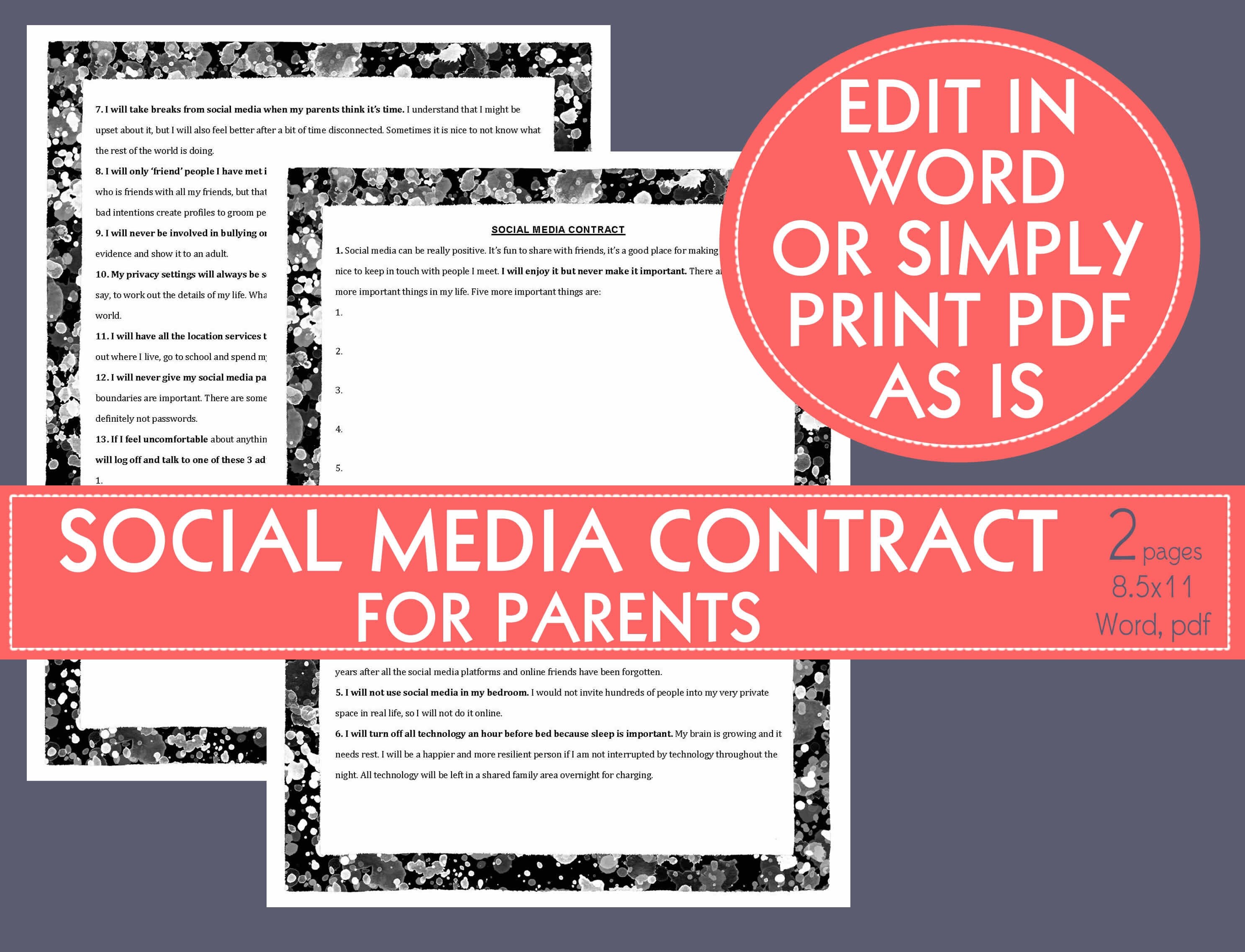 SOCIAL MEDIA CONTRACT for Your Tween/teen Parenting Forms Editable in