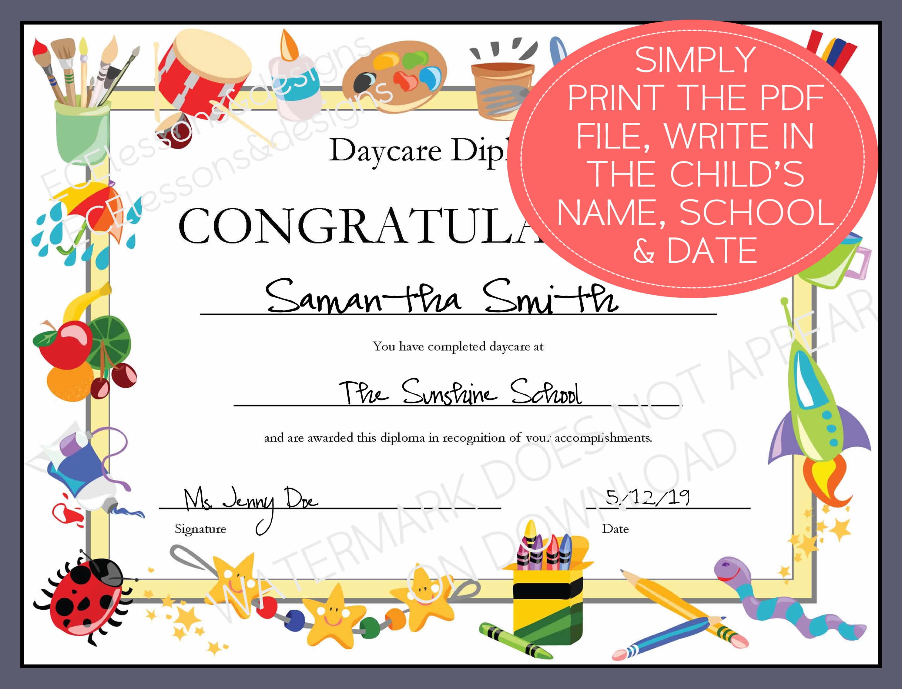 DIPLOMA/CERTIFICATE for Preschool or Daycare: Printable PDF - Etsy ...